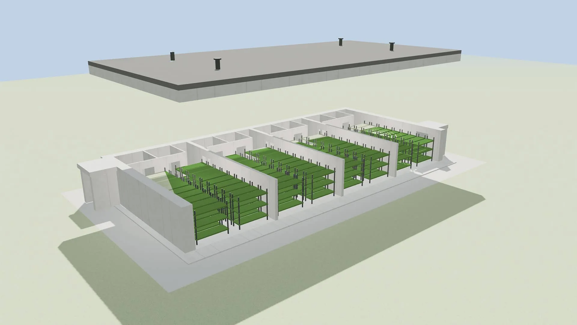Trójwymiarowy model wnętrza parterowego budynku z betonowymi ścianami.