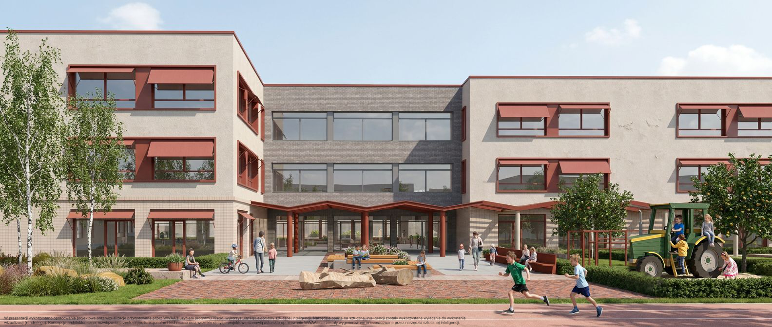 Nowoczesny, dwupiętrowy budynek z jasną elewacją, ceglanymi detalami i czerwonymi markizami. Przed budynkiem plac zabaw z elementem traktora i dzieci bawiące się na tle bieżni.