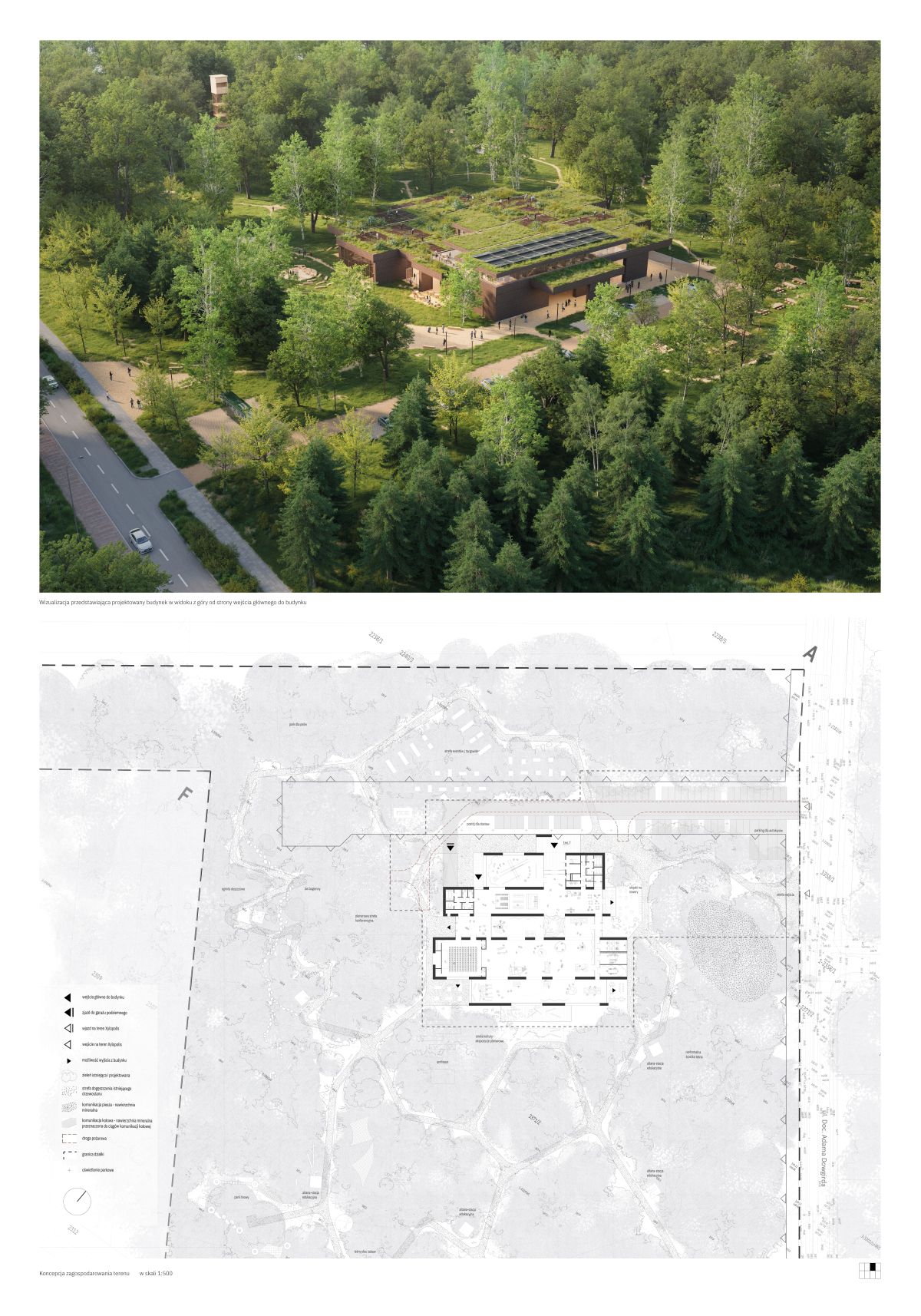 Plansza architektoniczna z wizualizacją pawilonu w lesie, rzutem zagospodarowania terenu i planem sytuacyjnym.