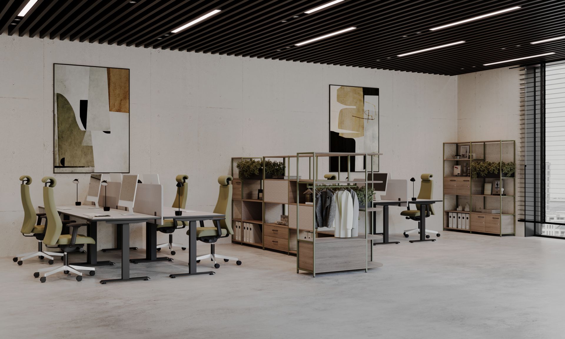 Nowoczesna przestrzeń biurowa typu open space z minimalistycznymi biurkami i ergonomicznymi fotelami.