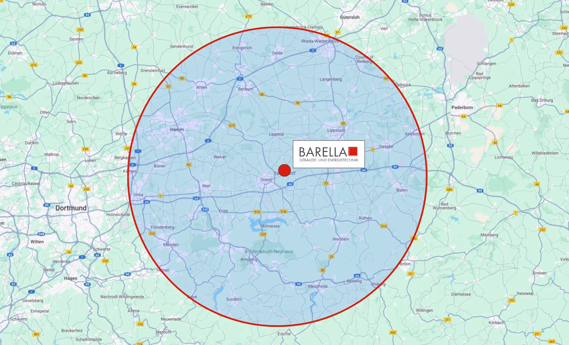 Karte mit Standort Barella in Bad Sassendorf und 35 km Radius.