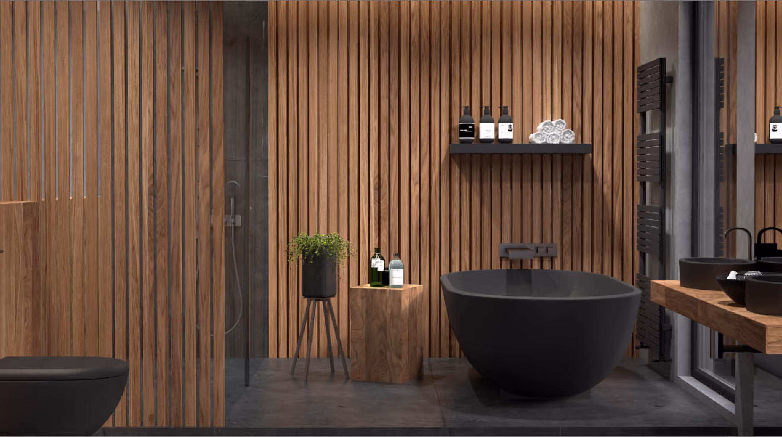 Beispielbadezimmer mit schwarzen Amaturen und Hozvertäfelung