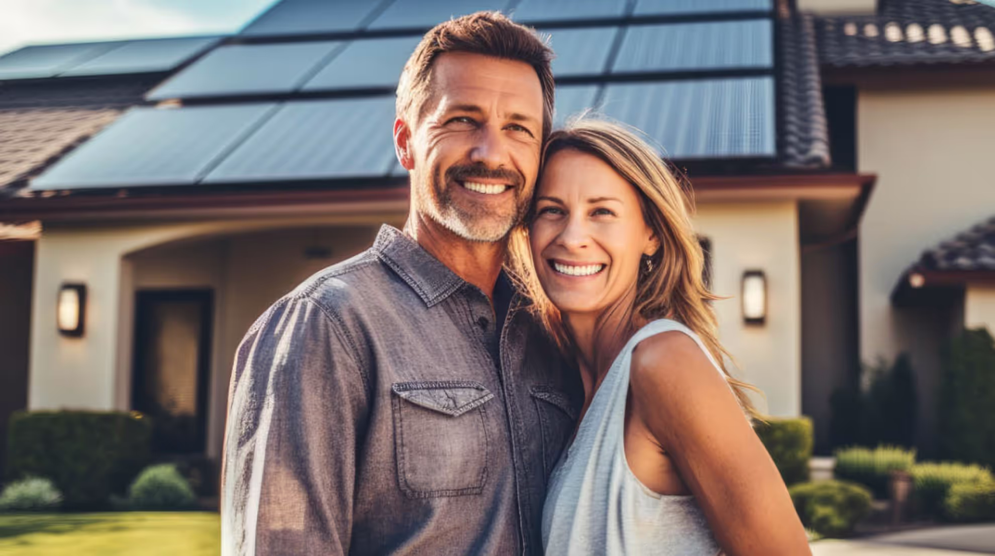 Mann und Frau vor ihrem Haus mit den Solaranlagen im Hintergrund