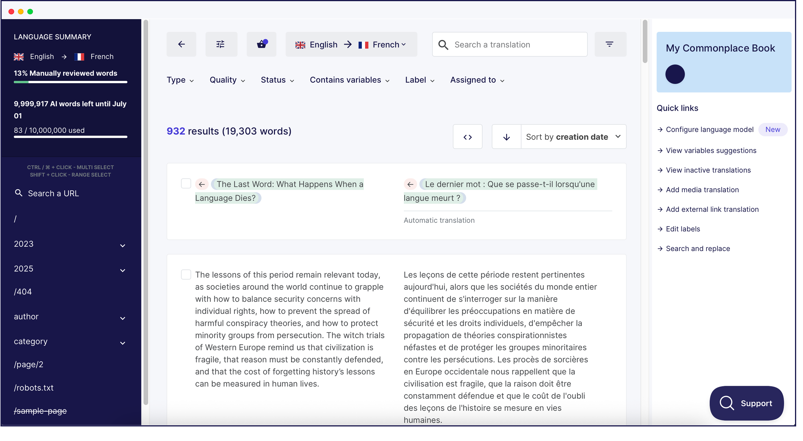 Weglot Übersetzungsliste