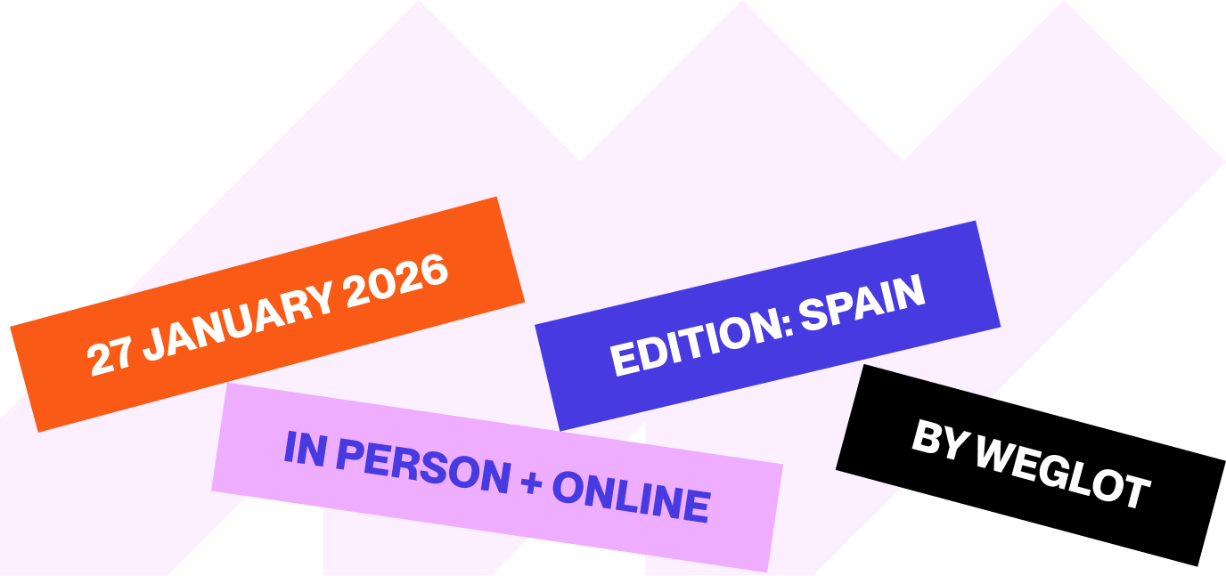 Zwarte zigzagachtergrond met tekstblokken met de tekst '27 juni 2026', 'Door Weglot, 'Parijs, Frankrijk' en 'Editie: Spanje'.