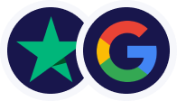 Sternsymbol neben dem Google G-Logo auf einem dunklen kreisförmigen Hintergrund.