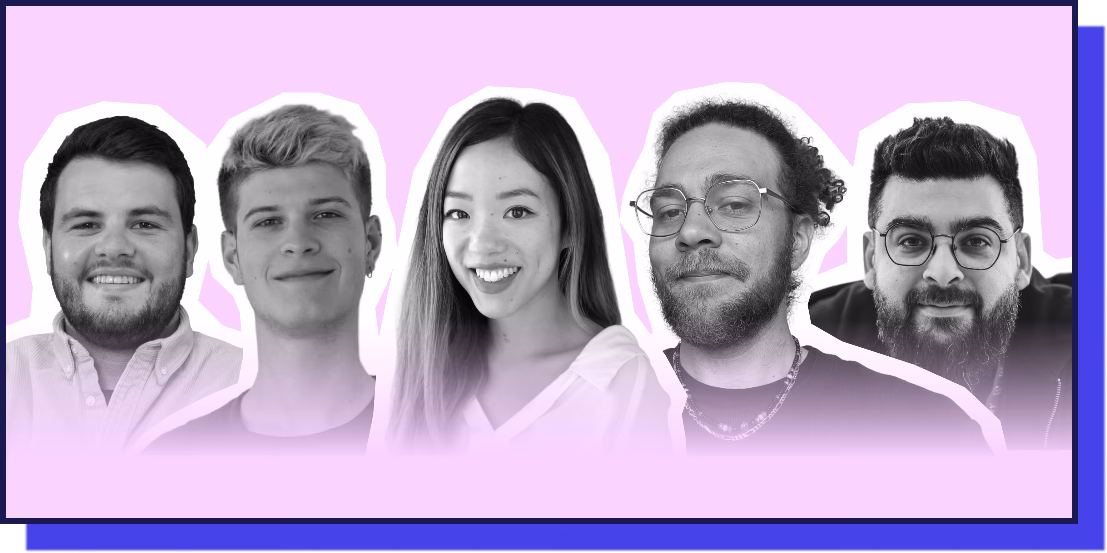 Five diverse smiling adults in a digital collage with purple and blue background accents.