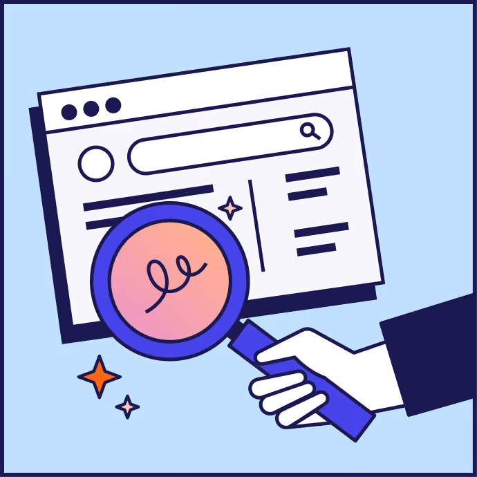 Hand holding a magnifying glass over a webpage with a search bar and text lines.