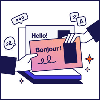 Illustration of two hands exchanging cards with 'Hello!' and 'Bonjour!' for language translation.