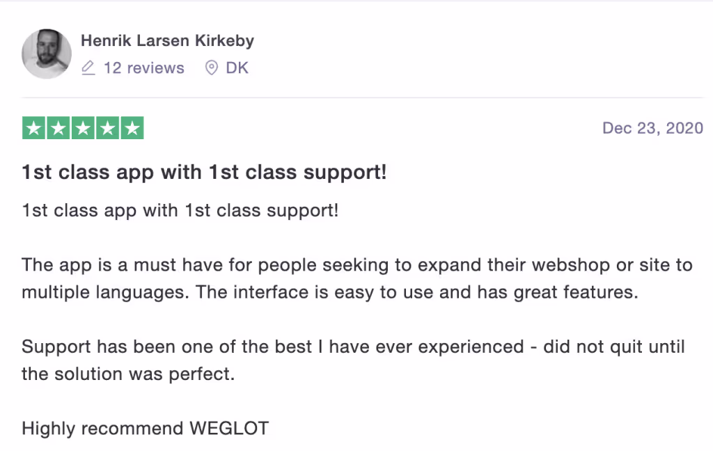 Screenshot of a Weglot Trustpilot review 