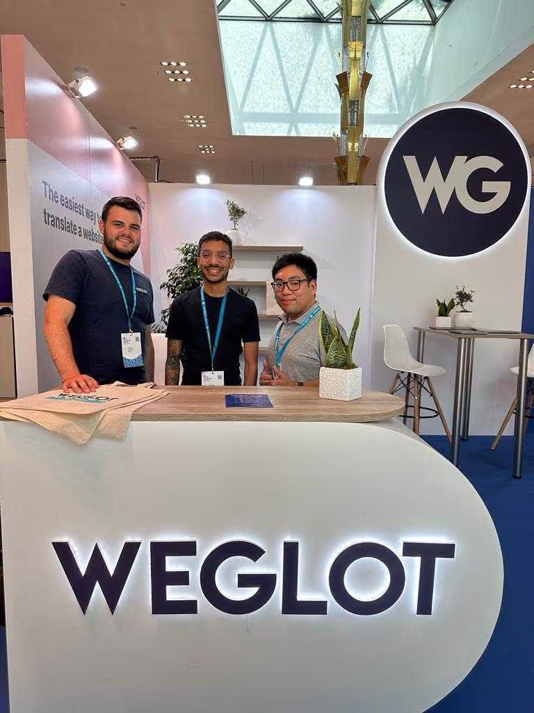 Weglot team members Thibaud, Thomas, and David at WordCamp Europe in Athens, Greece.