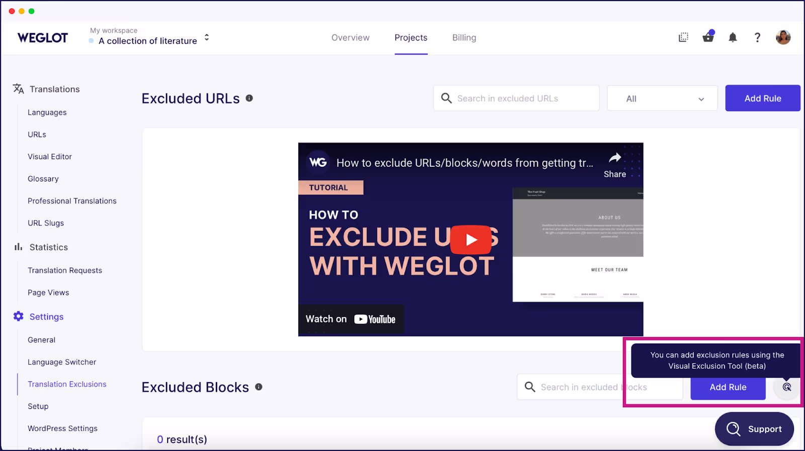Where to find the visual exclusion tool on the Weglot Dashboard