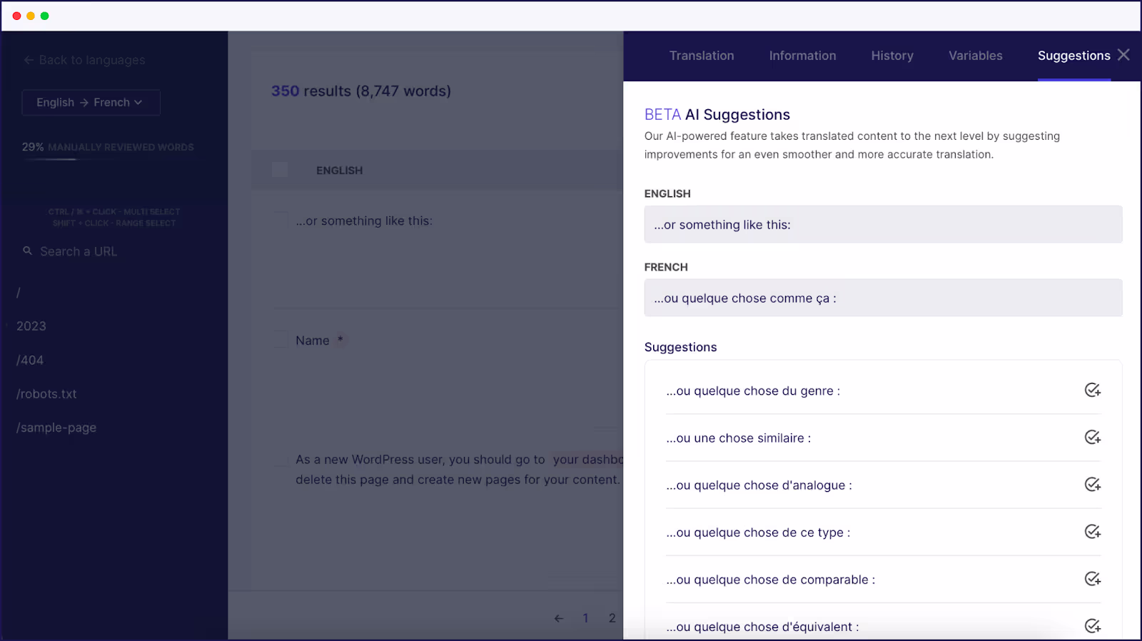 AI suggestions on the Weglot Dashboard