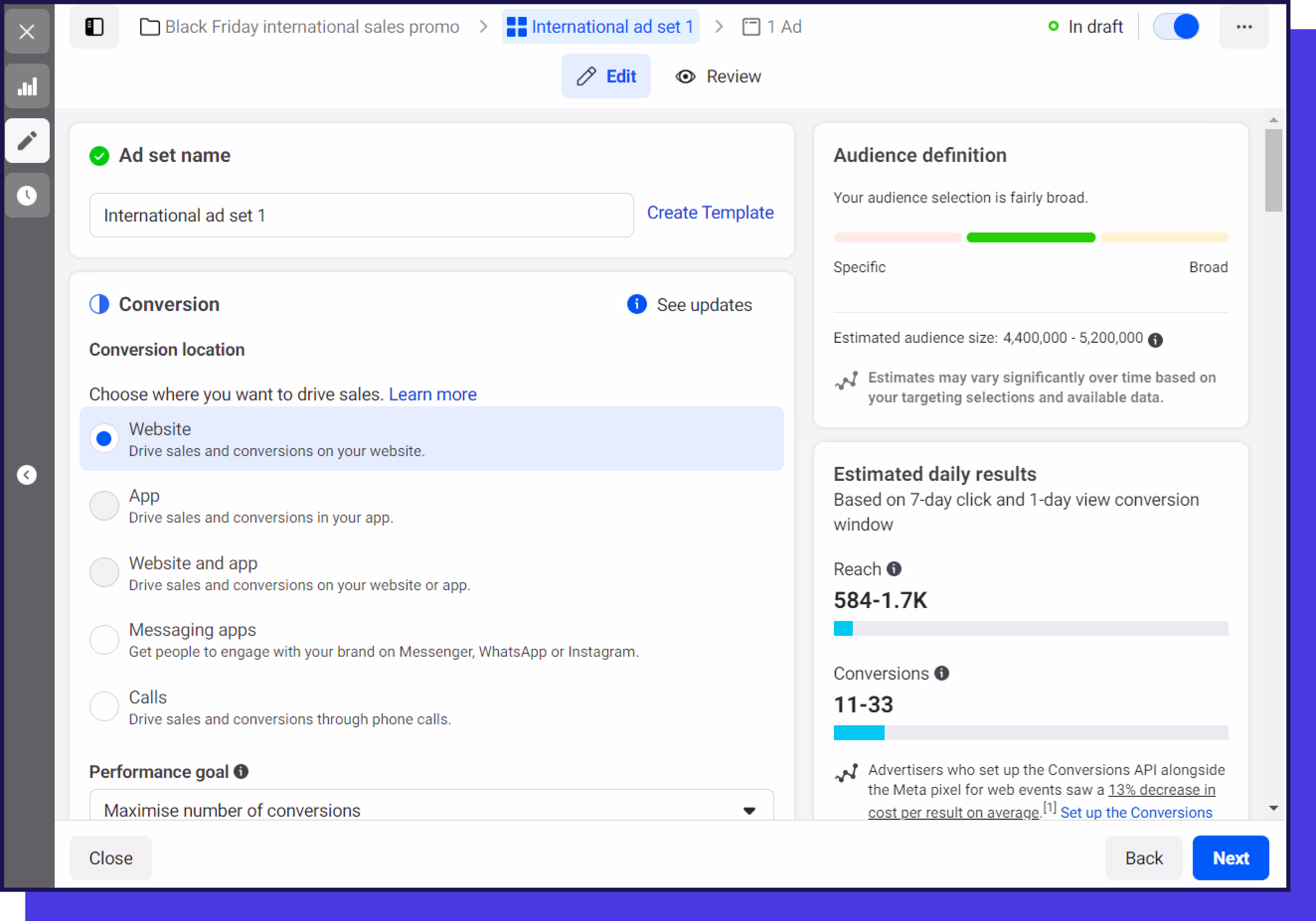 Create a new Facebook ad set