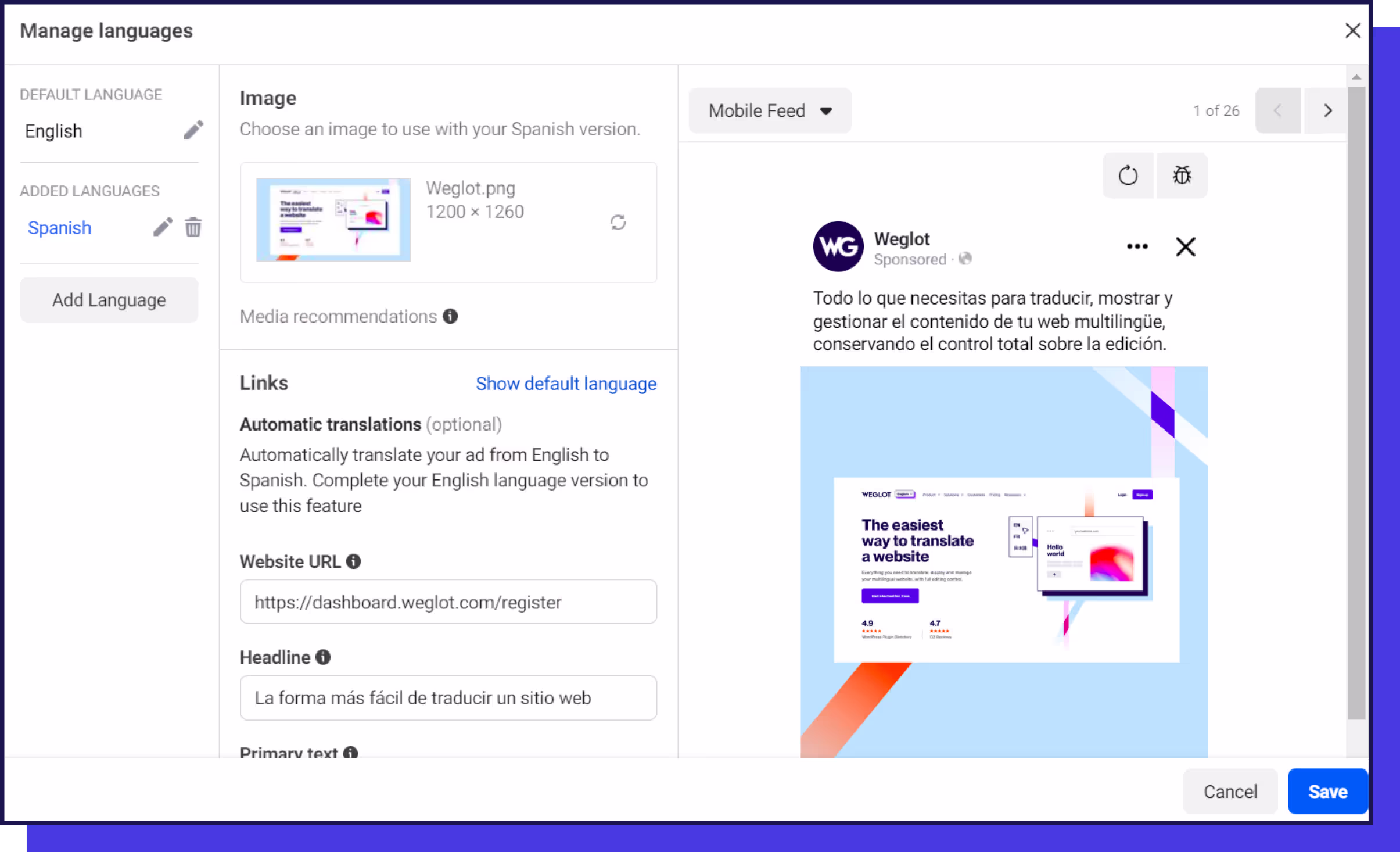 Manage Facebook ad languages