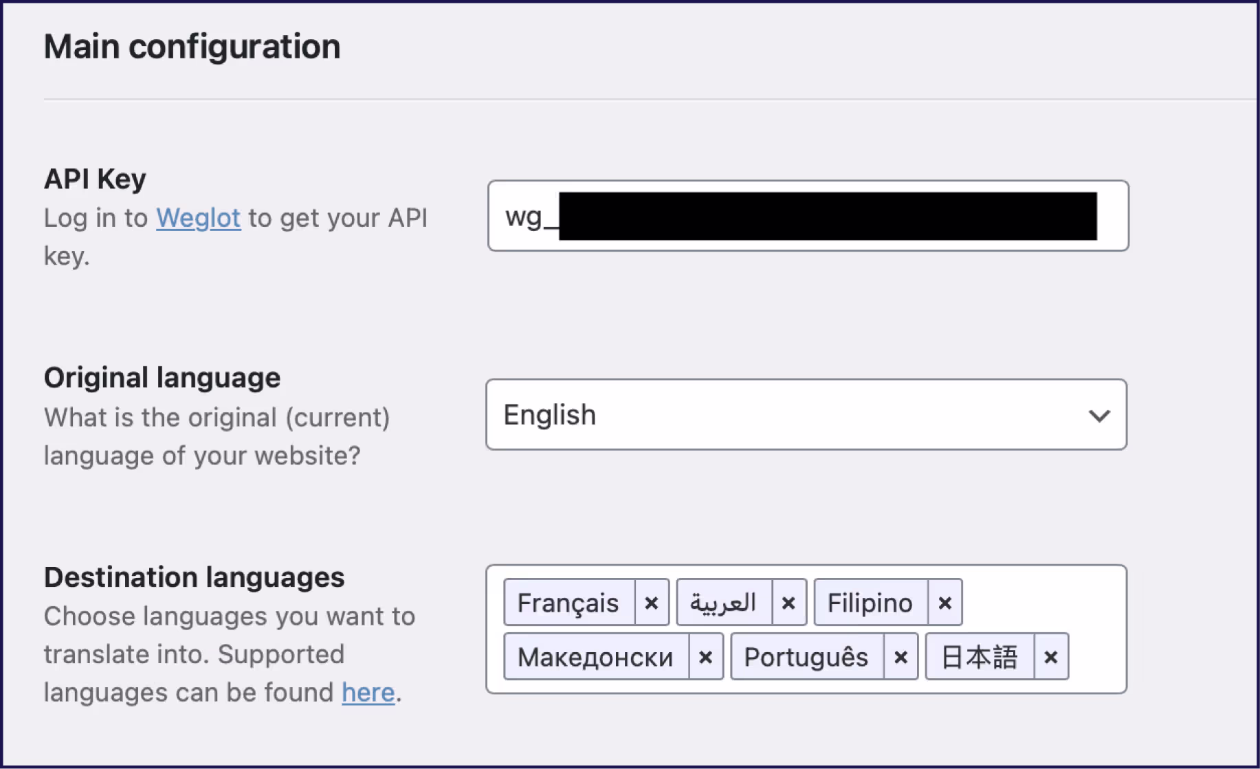 将您的 API 密钥从 Weglot 帐户复制到 WordPress 面板上