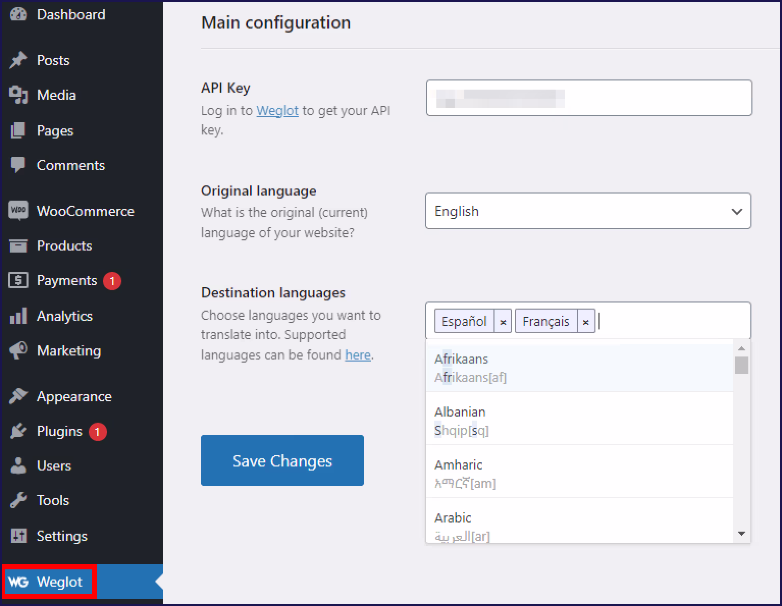 Configuring the website’s languages using Weglot.‍