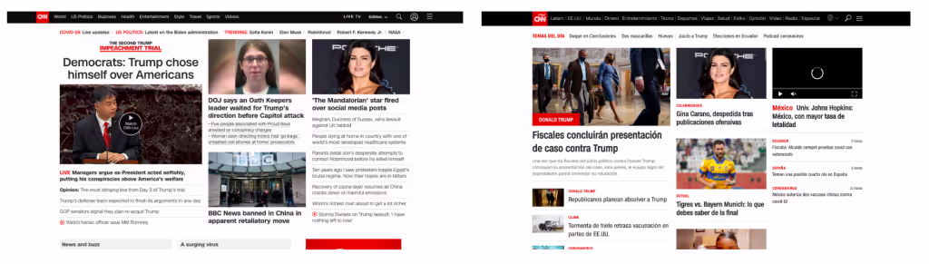 CNN homepage in English and Spanish