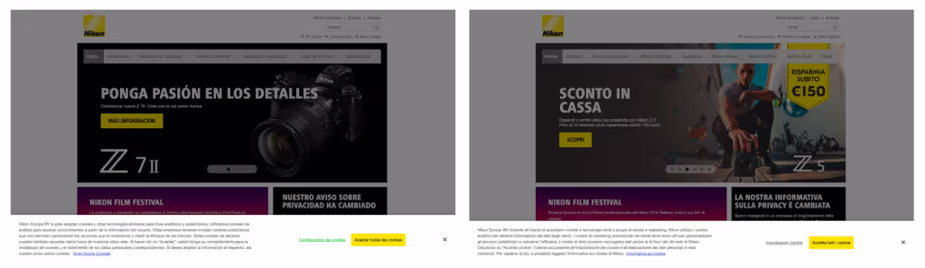 Nikon has different cookie policies in Spain and in Italy