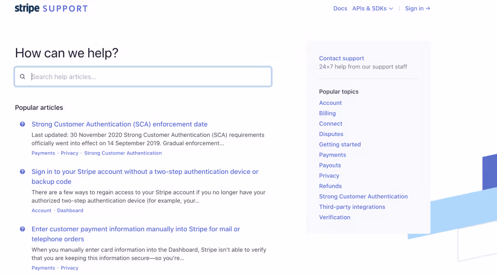 screenshot of the Stripe knowledge base 