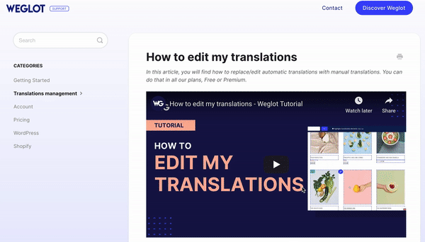 GIF of a knowledge base article in Weglot 