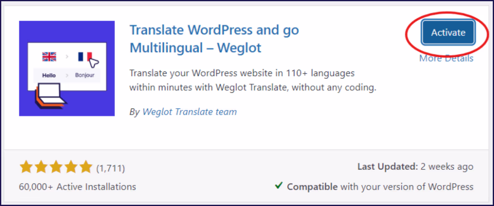 Activate the Weglot plugin on WordPress