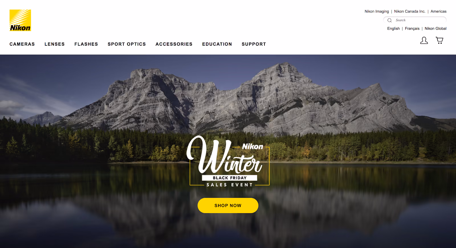 Exemple de site web multilingue : Page d'accueil de Nikon Canada 