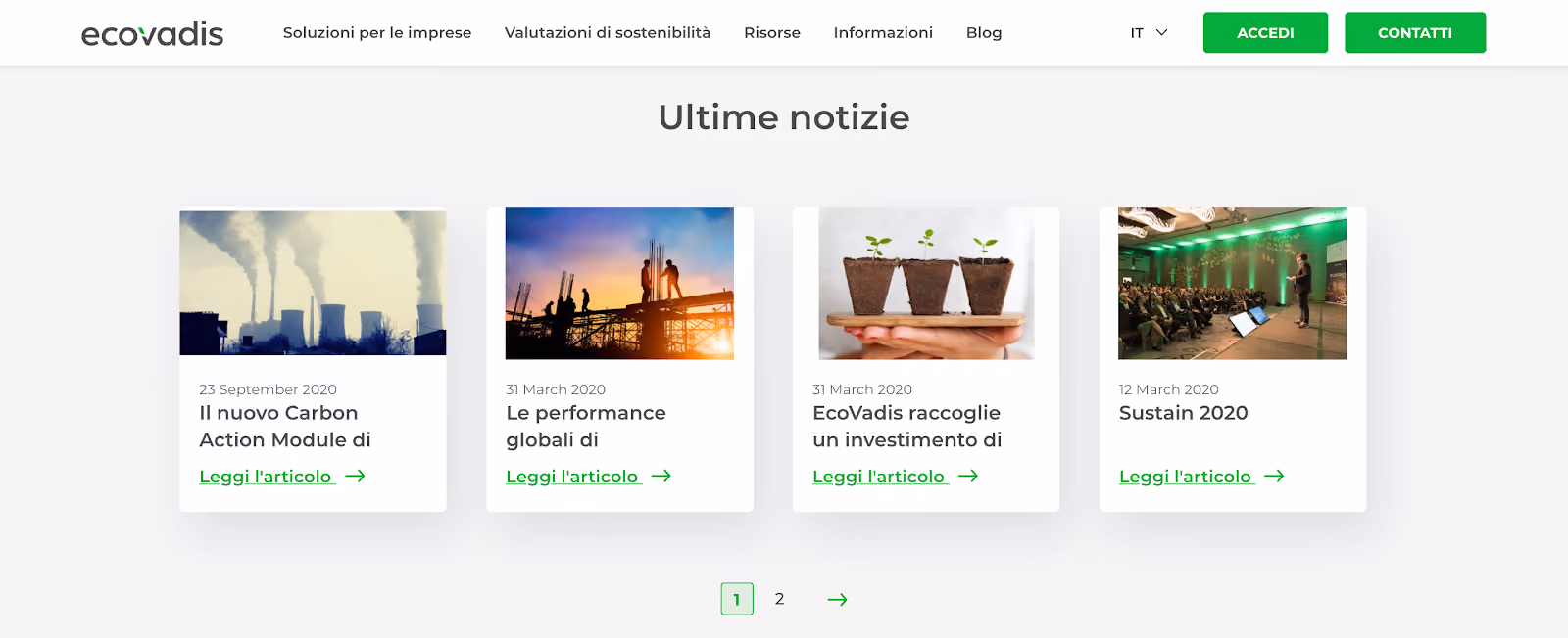 Exemple de site web multilingue : Section des dernières nouvelles d'EcoVadis en italien