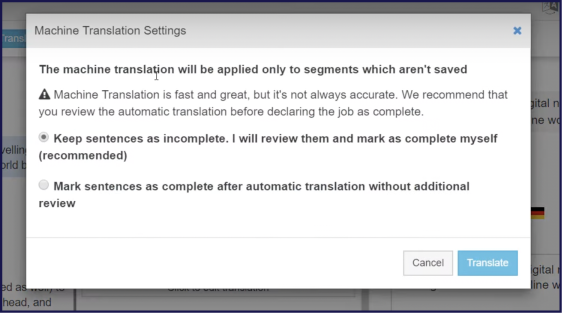 WPML machine translation settings