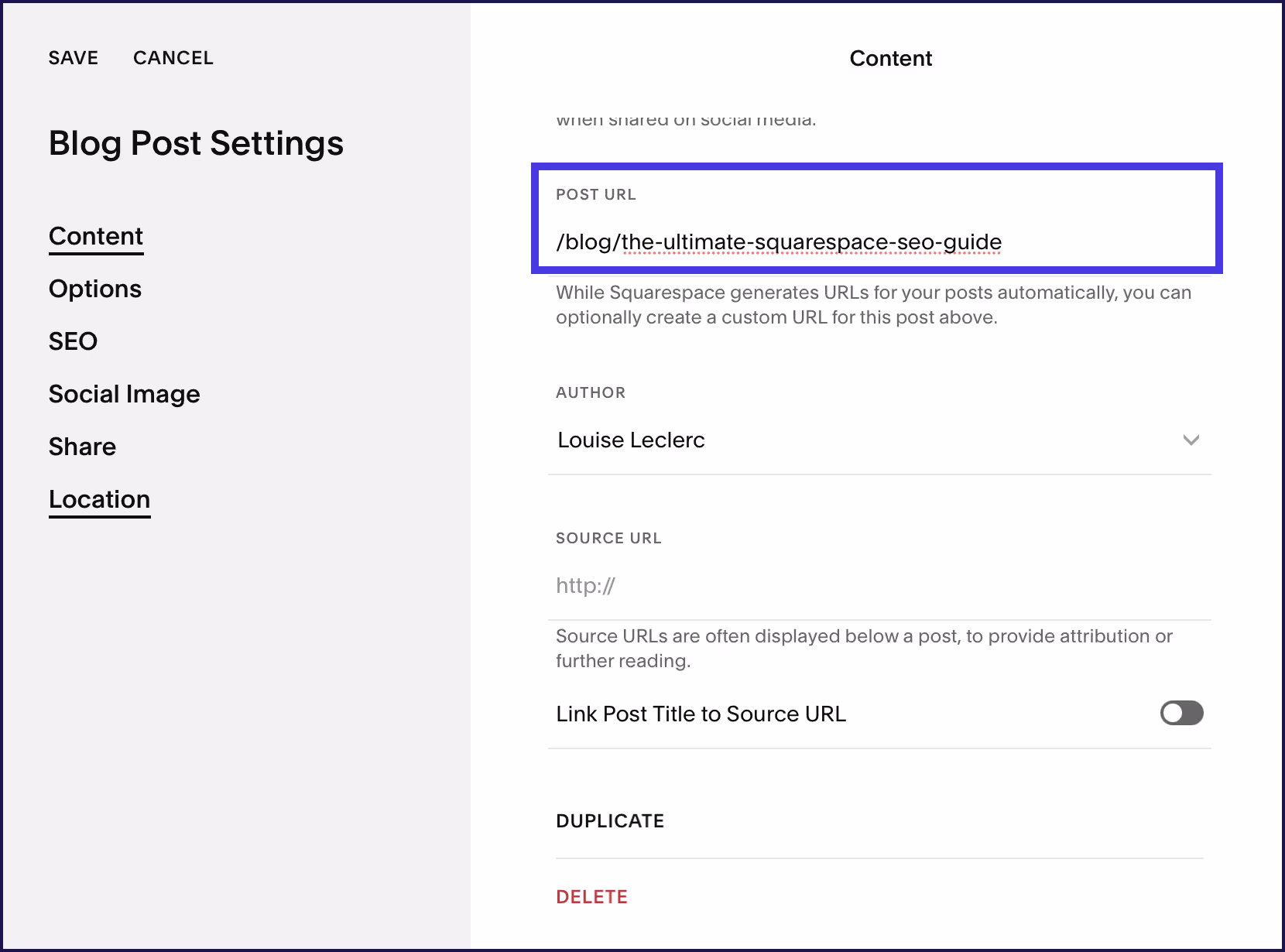 Editing the post slug on Squarespace