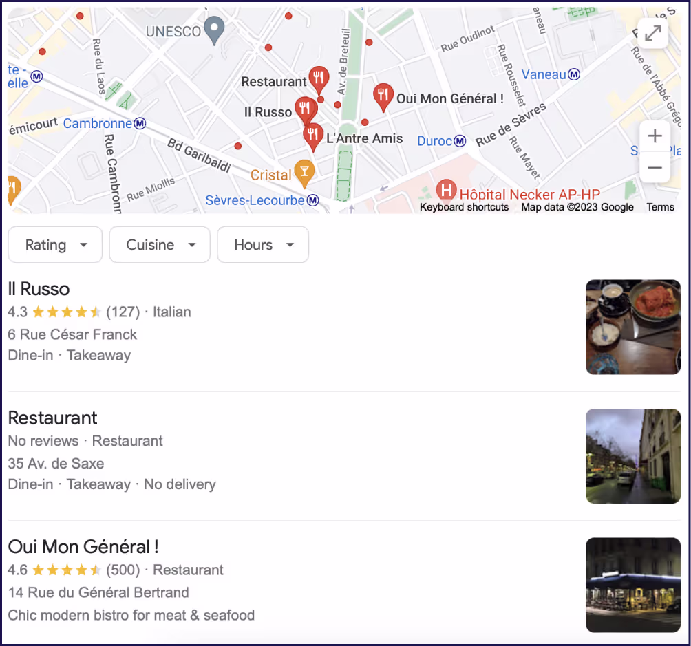'Restaurants near me' search on Google