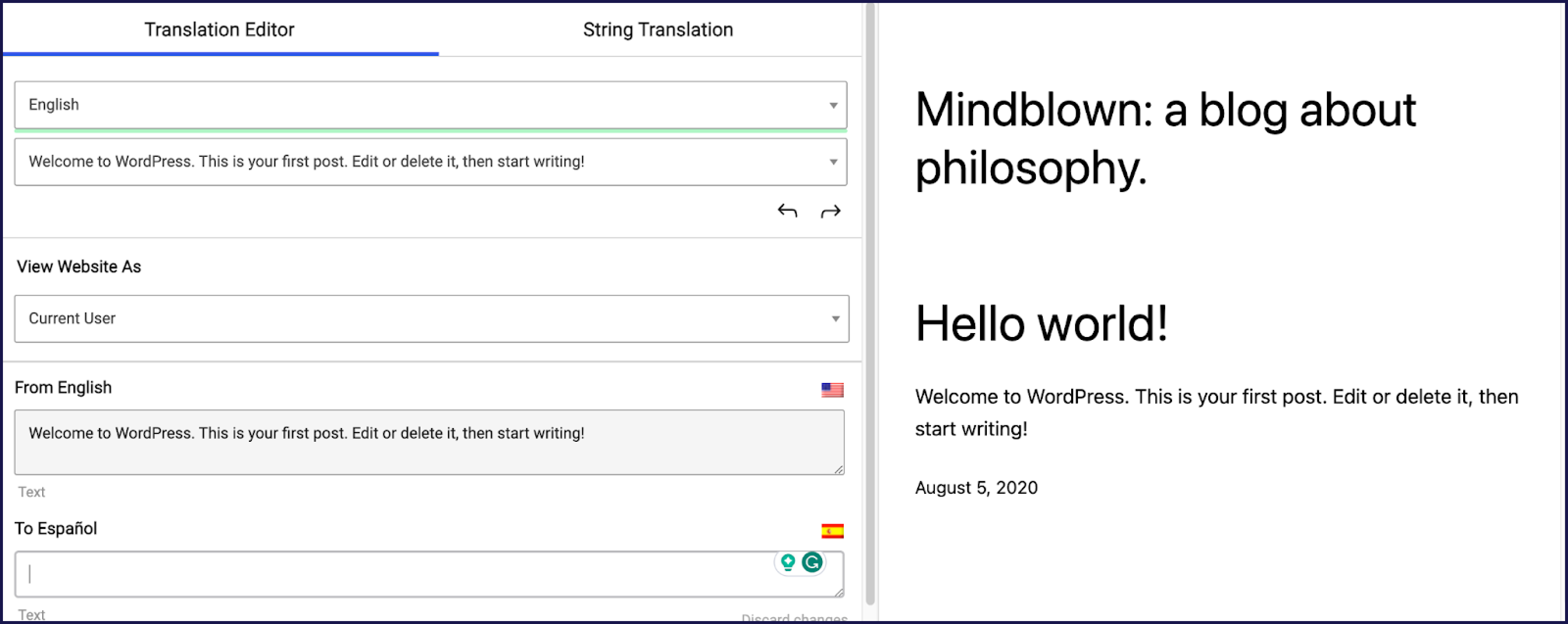 How manual translation looks in TranslatePress