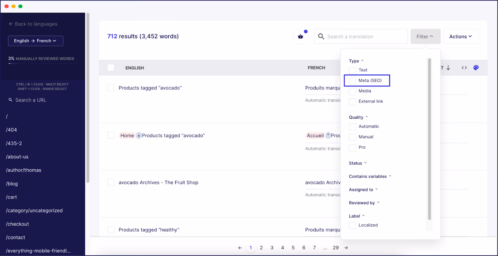 Weglot’s metadata translation dashboard