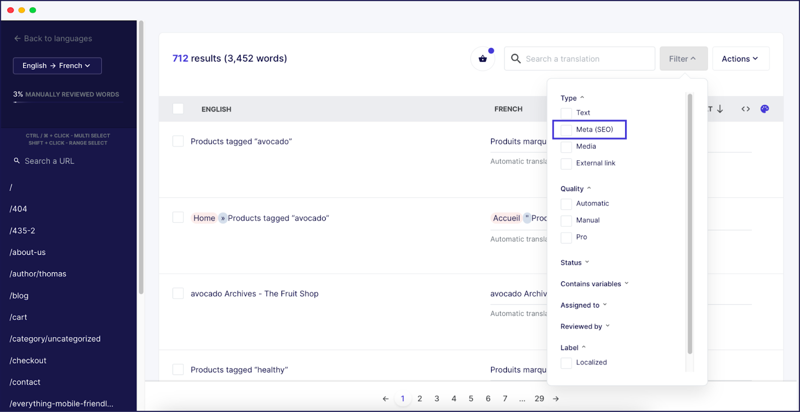 Weglot’s metadata translation dashboard