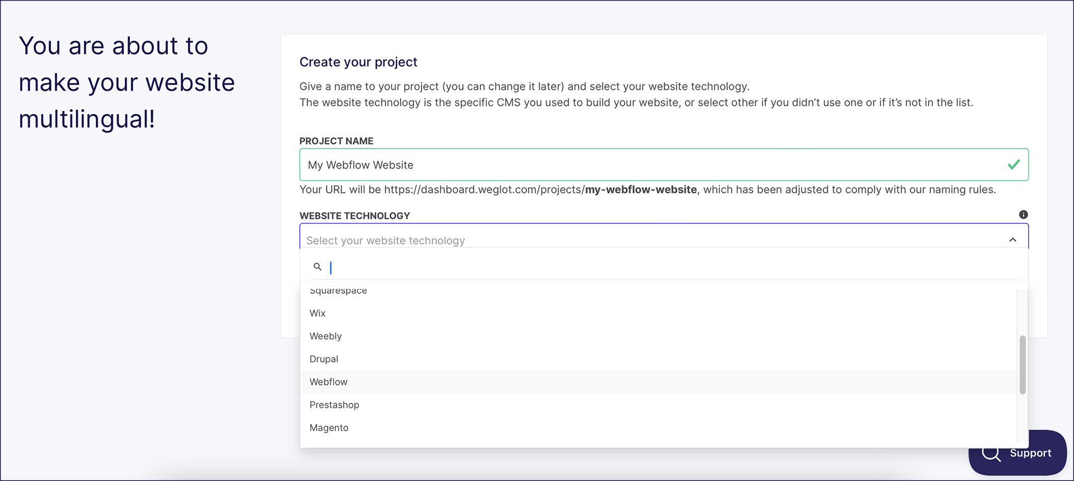 Créer un nouveau projet avec Weglot
