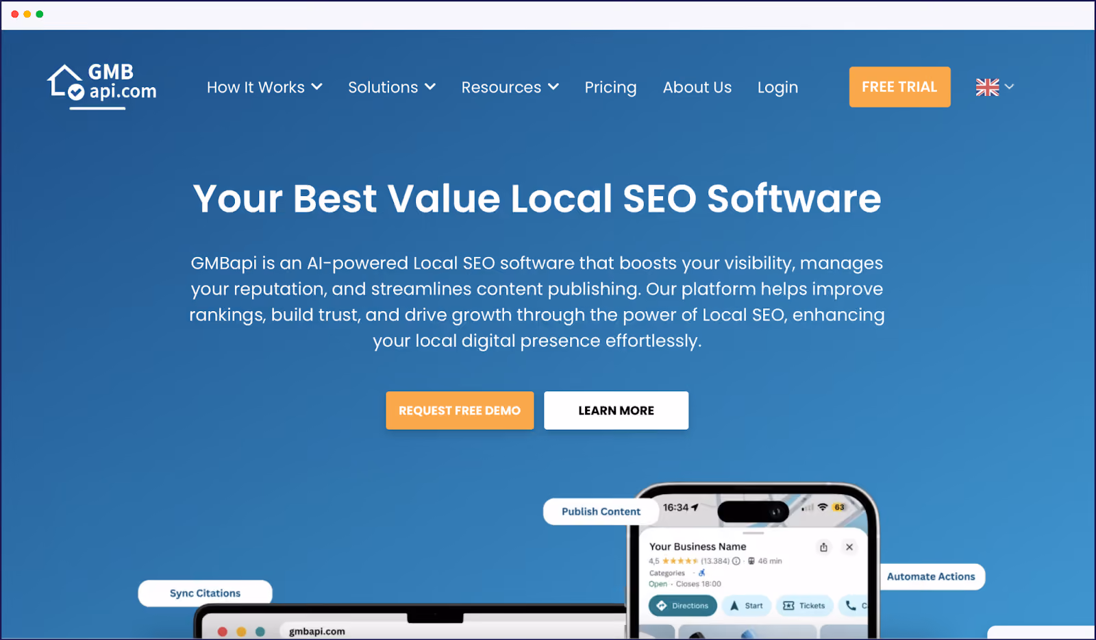 Hemsida för GMBapi.com, lokal SEO-programvara
