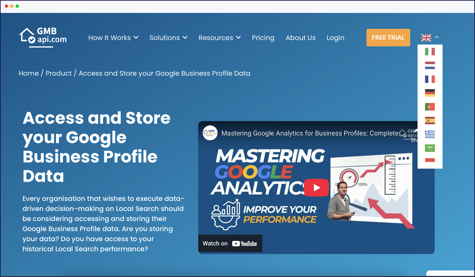 Página de datos del perfil de empresa de Google de GMBapi.com