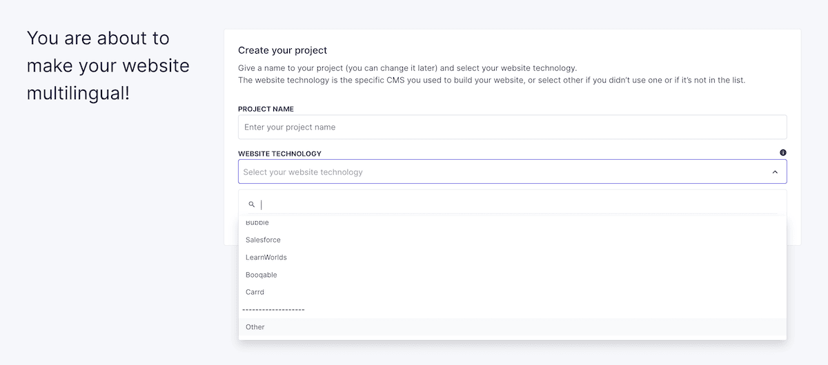 Creating your project on Weglot