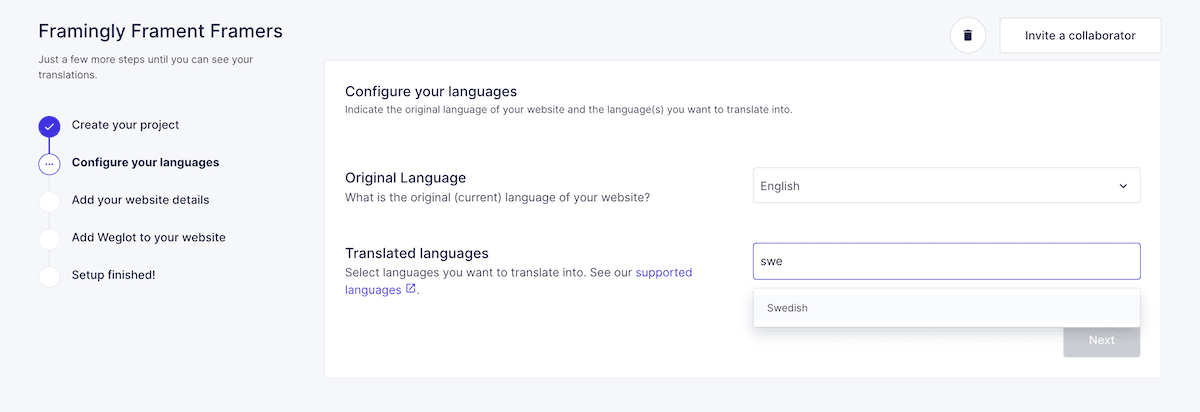 Choosing languages from the Weglot setup wizard