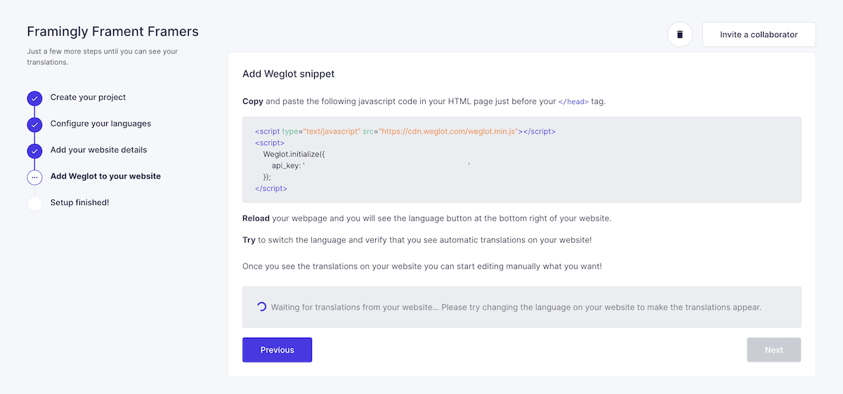 The Weglot JavaScript snippet to connect to a website.