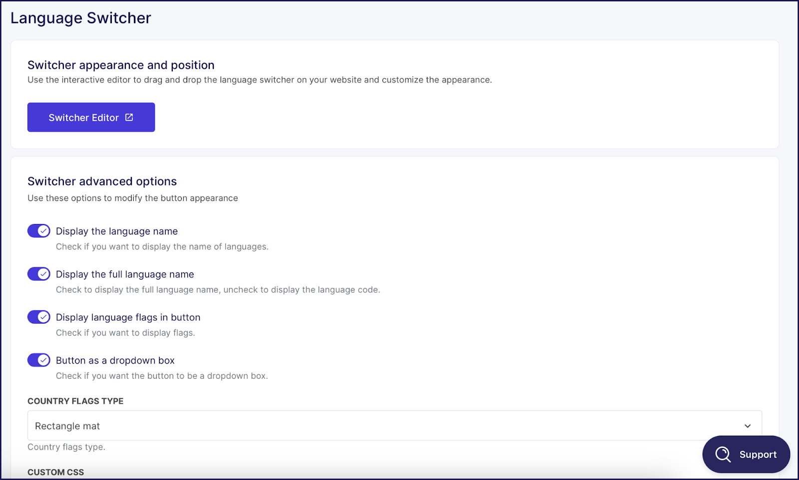 The Weglot language switcher settings screen.