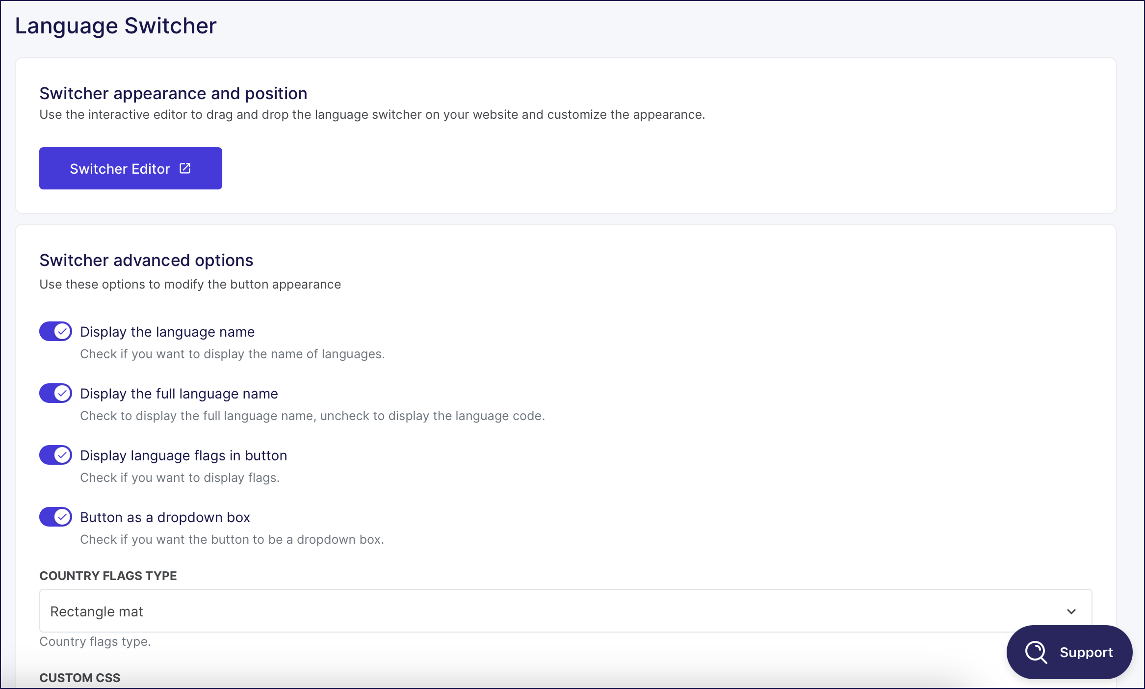 Les options de personnalisation du sélecteur de langue Weglot.