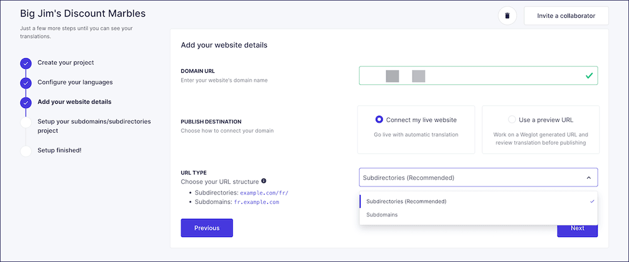 L'assistant Weglot affichant les options pour ajouter une URL de domaine et choisir un type d'URL.