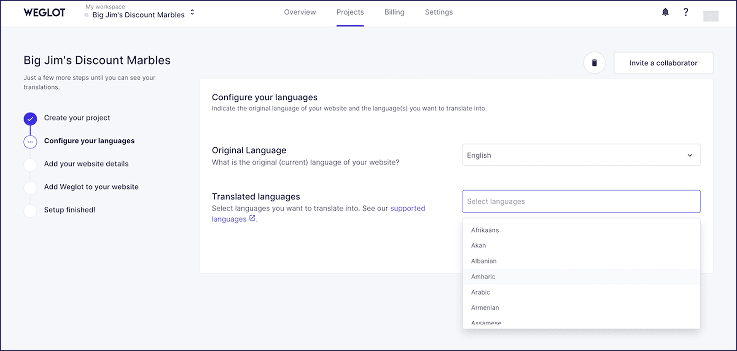 Définition des langues cibles et principales dans l'assistant de configuration Weglot.