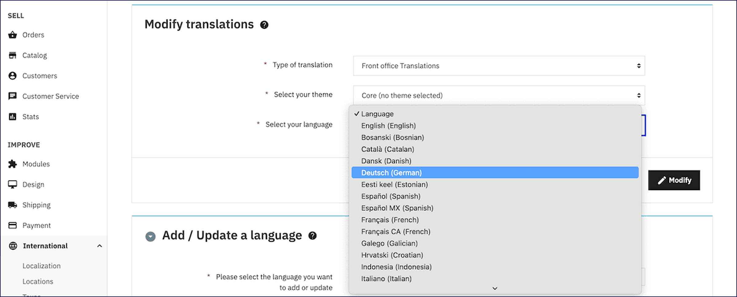 La zone de traduction de PrestaShop dans le back office.