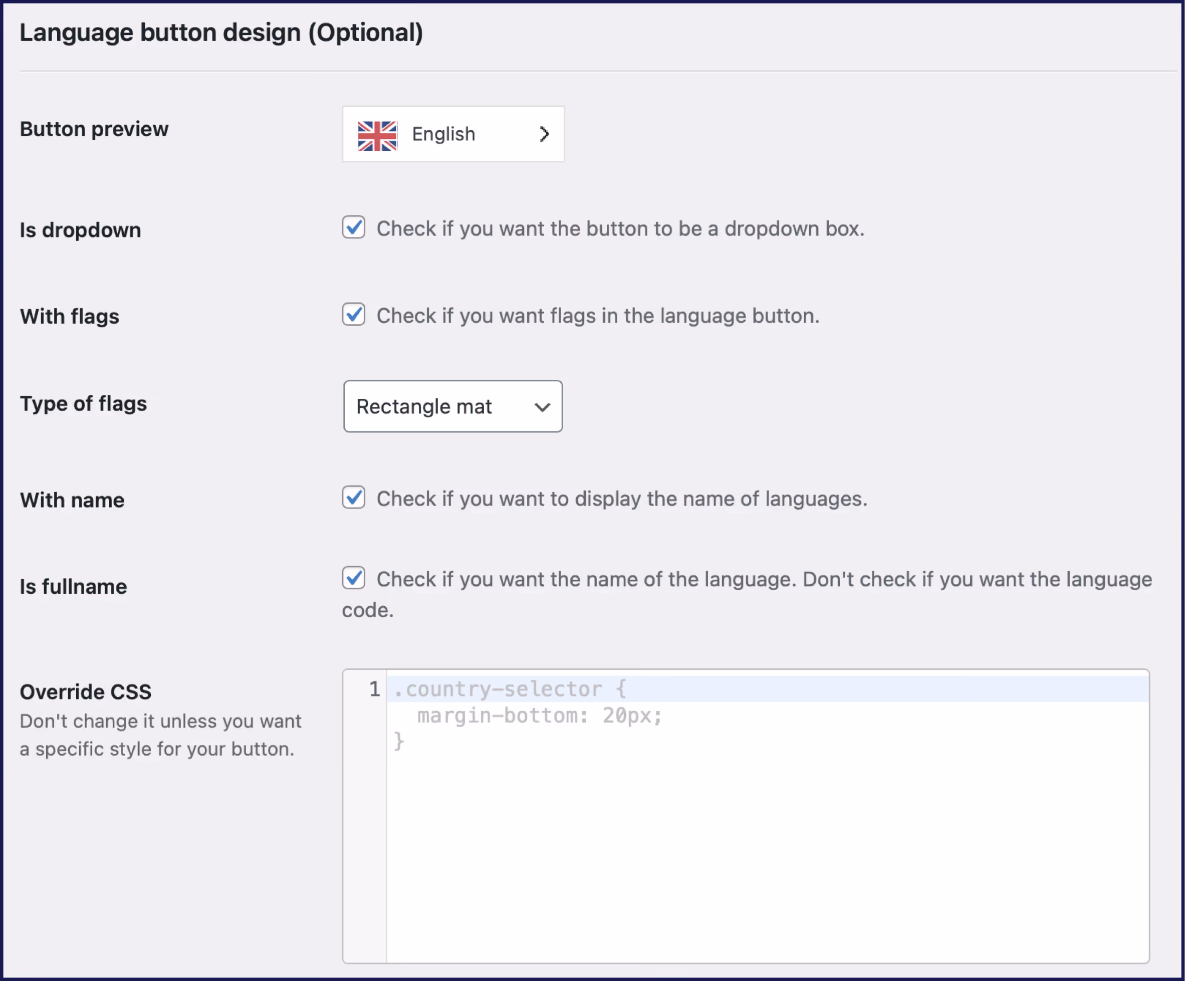Configuración del diseño del botón de idioma 