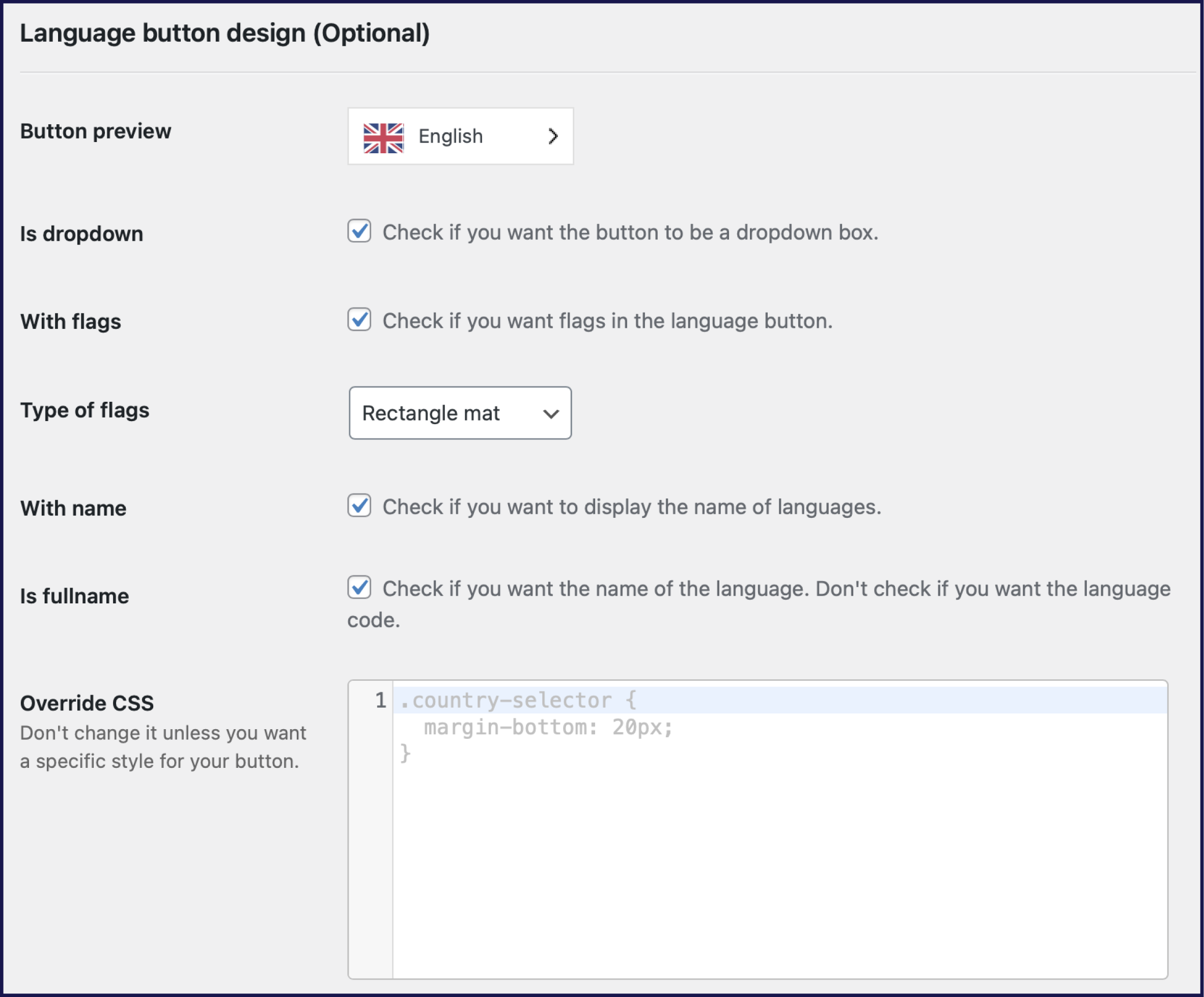 Language button design settings 
