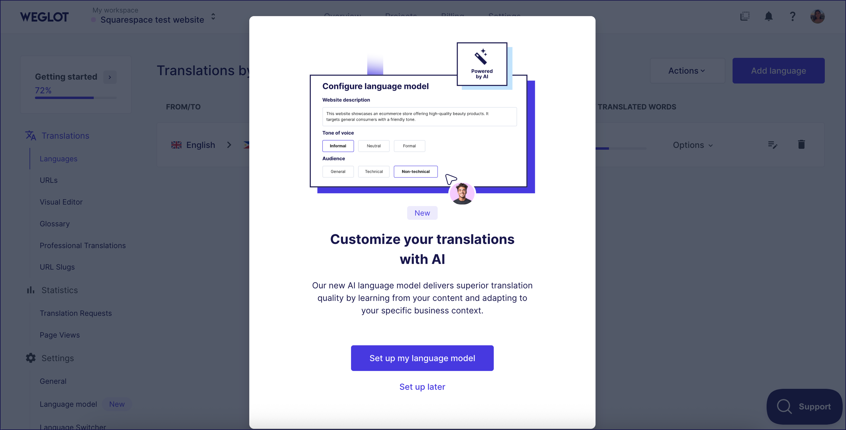 Oppsett av Weglots AI-språkmodell