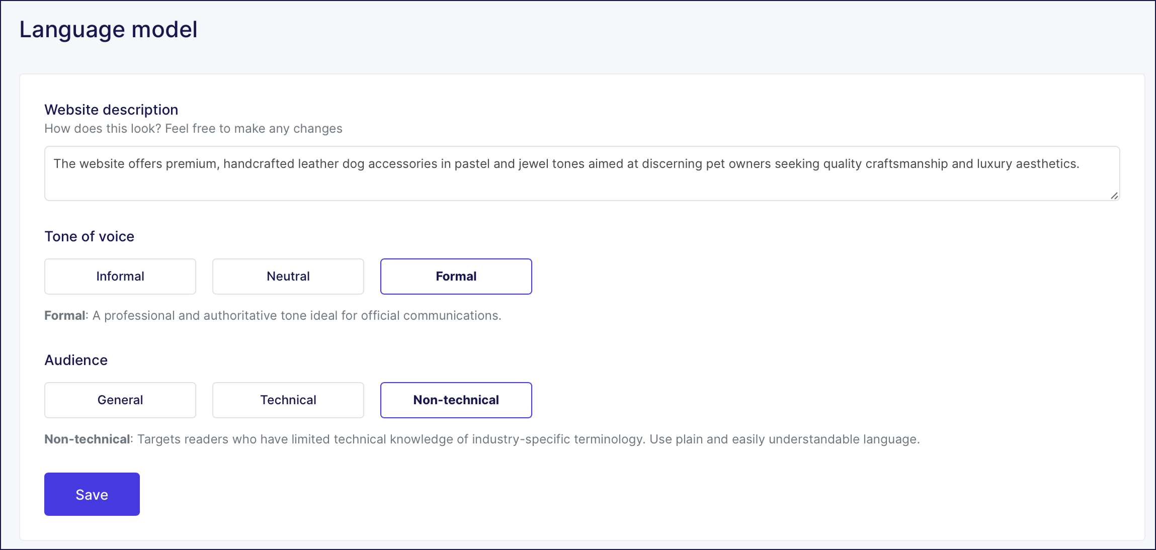 Grensesnittet til Weglots AI-språkmodell som viser innstillinger for merkevarestemme