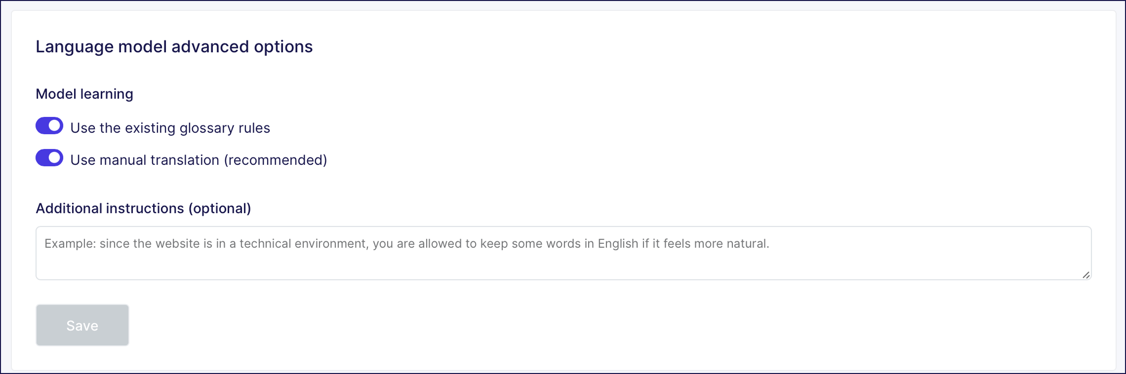 Grensesnittet til Weglots AI-språkmodell som viser innstillinger for merkevarestemme
